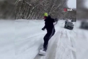 Sarıyer'de bir kişi araca bağladığı iple kayak yaptı